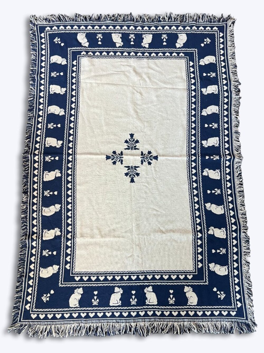 Vtg Cat Throw Blanket Woven Cotton Blue Cream Heart Reversible Grandmacore 45x66